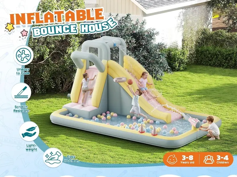AMERLIFE Inflatable Water Slide Bounce House - Sports Toy for Toddlers with Jumping Area, Climbing Wall, Splash Pool, Water Gun, Included Air Blower (Ages 3-12, Backyard/Indoor Use, Automatic Button Inflate Deflate), Toys For Toddlers#TikTokShopFallDealsF