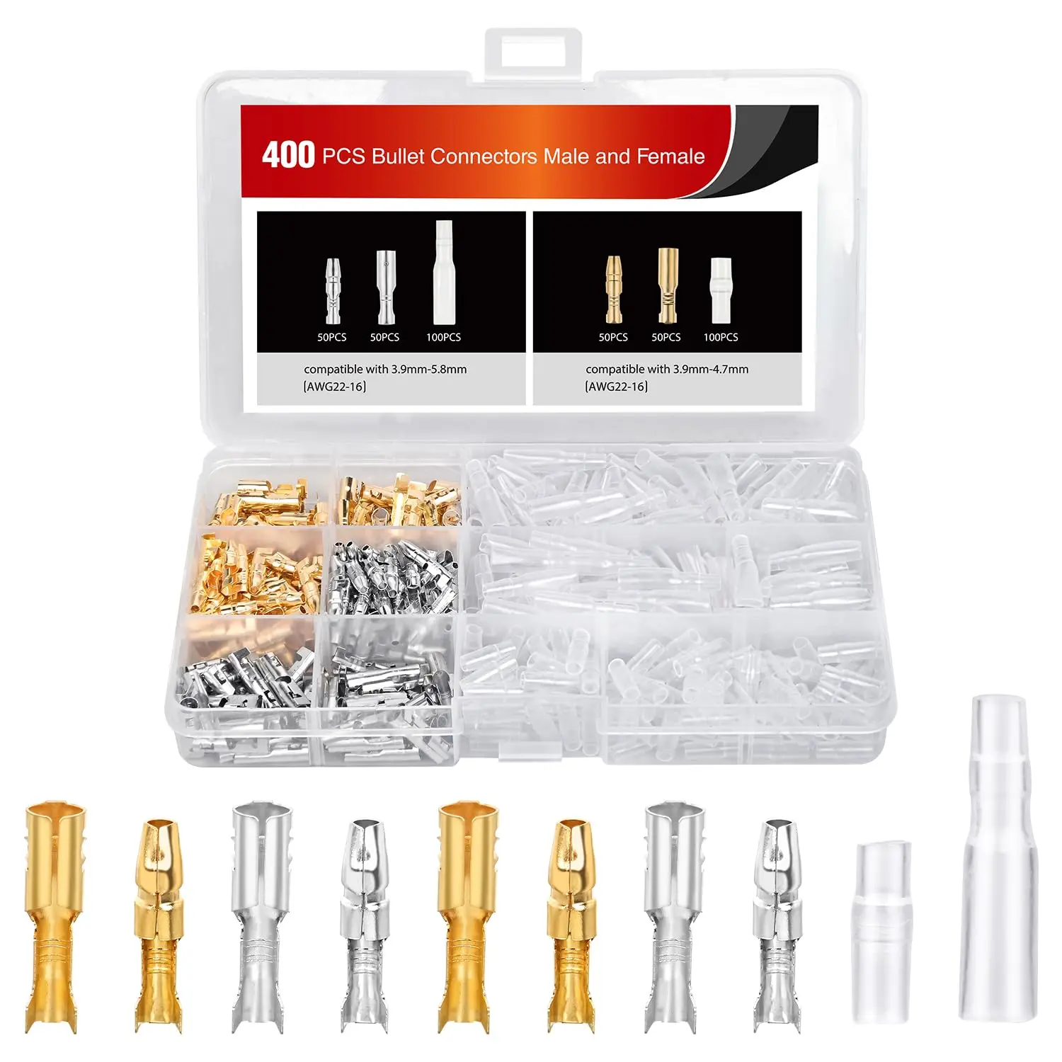 Nilight 400PCS 3.9mm Solid Brass Bullet Connectors, Male & Female Universal Wire Terminals with Insulation Covers for 22-16AWG Electrical Wiring, Motorcycle, Car, Solid Brass Connectors, Universal Connector