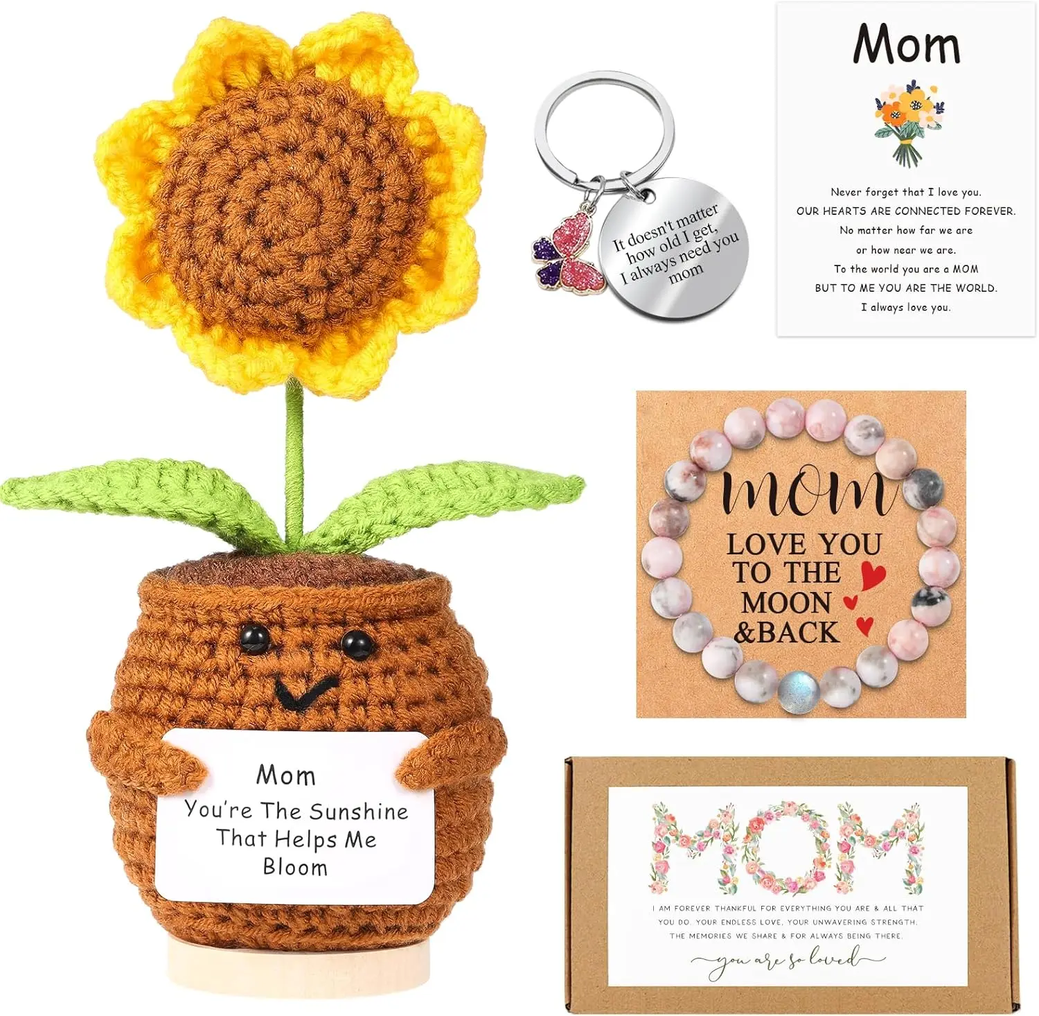 Cute Handmade Sunflower Gift Set for Mom | Crochet Doll, Bracelet, Keychain & Card | Heartfelt Gift from Daughter or Son for Birthday or Special Occasions,Heartfelt Mother’s Day Gift