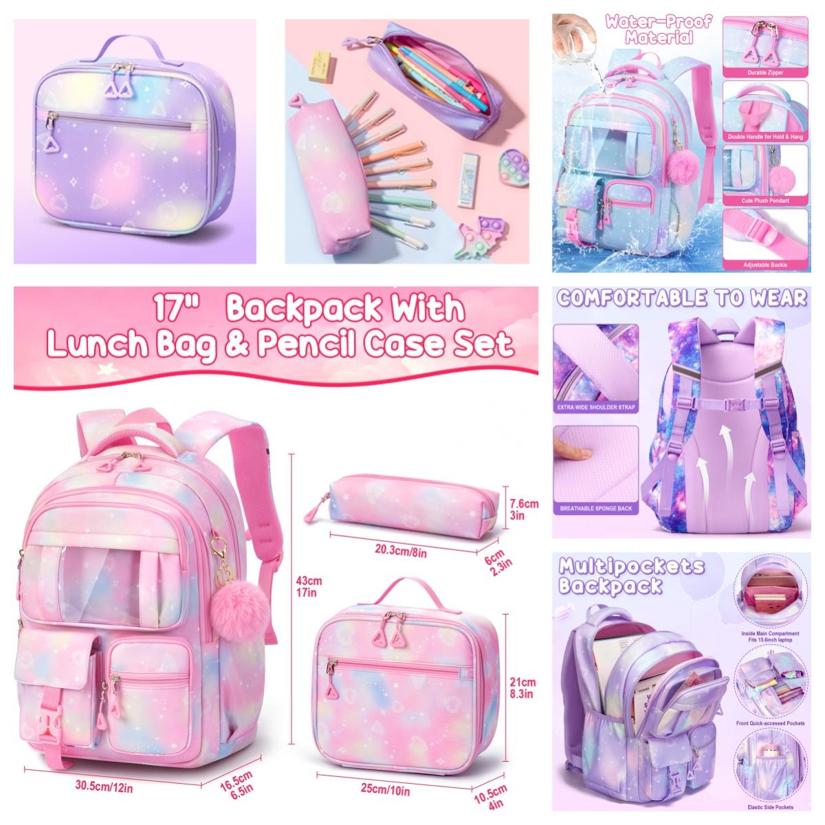 Fimibuke 3PCS Waterproof Oxford Cloth Backpack for School,Bookbag Set with Lunch Box & Pencil Case,colorful/Laptop/Corduroy/Embroidery school bag for Elementary Middle High School,Backpag with Stationery,Back to School Gift,Birthday's Gift