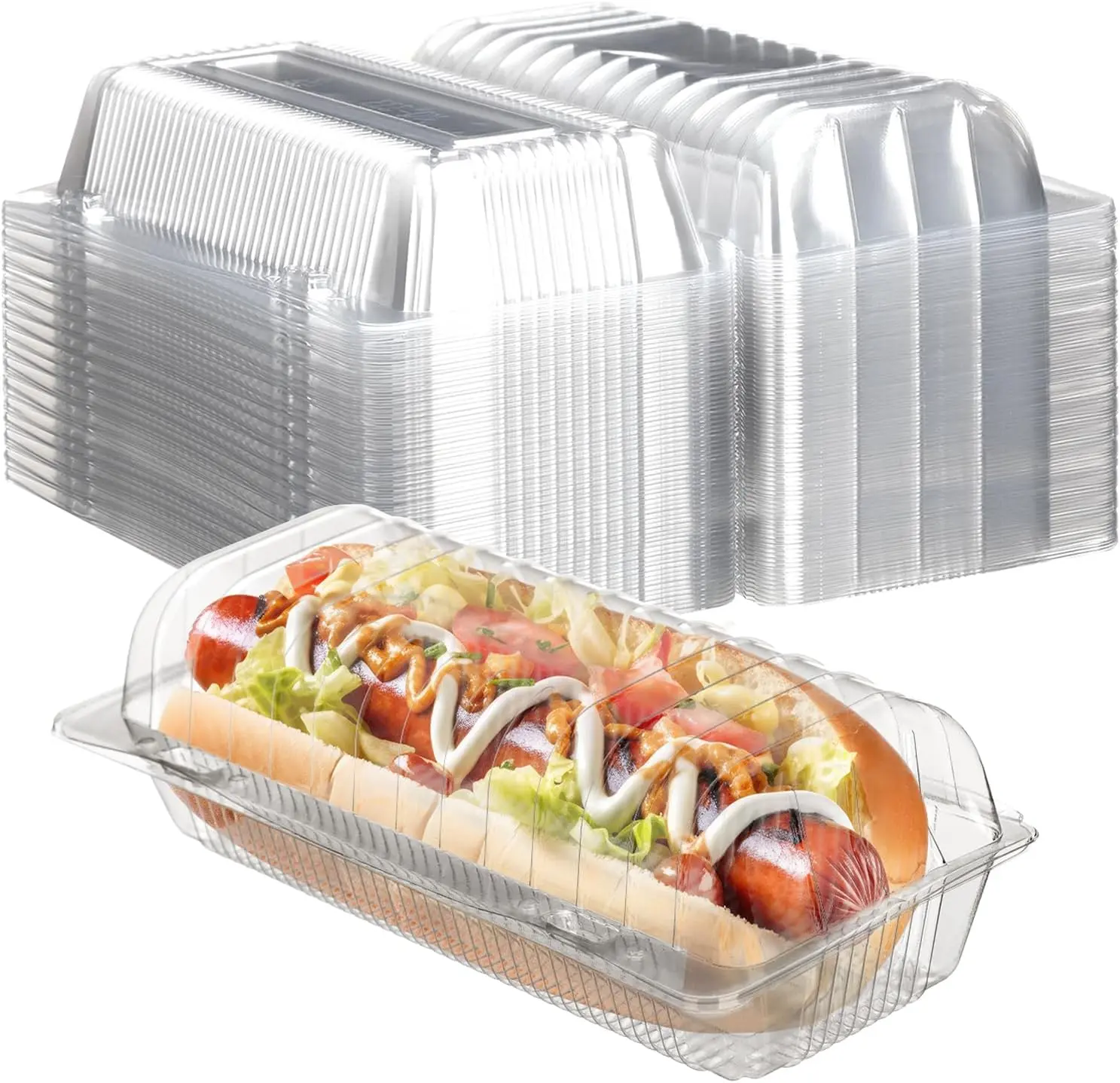 100Pcs Clear Plastic Hot Dog Tray with Hinged Lid 8.86 x 3.94 x 2.76 Inch Hot Dog Container Disposable Clamshell Take out Containers Cake Slice Containers for Bakery Dessert Salad