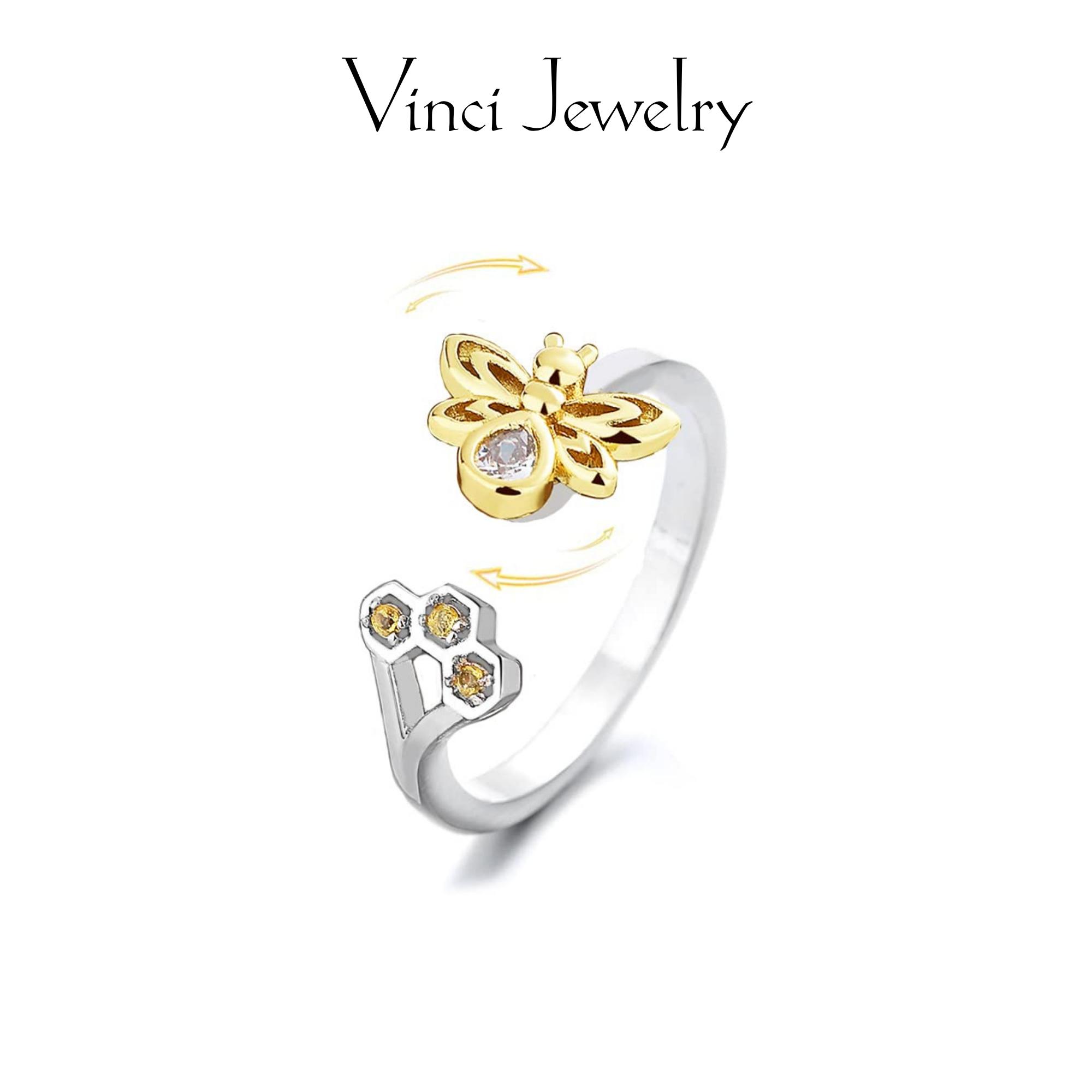 Sterling Silver Adjustable Open Ring with Bee and Honeycomb Design, Rotatable Anxiety Relied Ring, Nature and Eco-Friendly Style Jewelry for Girls&Women, Good Luck for Friends as Gifts, Perfect for Suit and Daily Wear