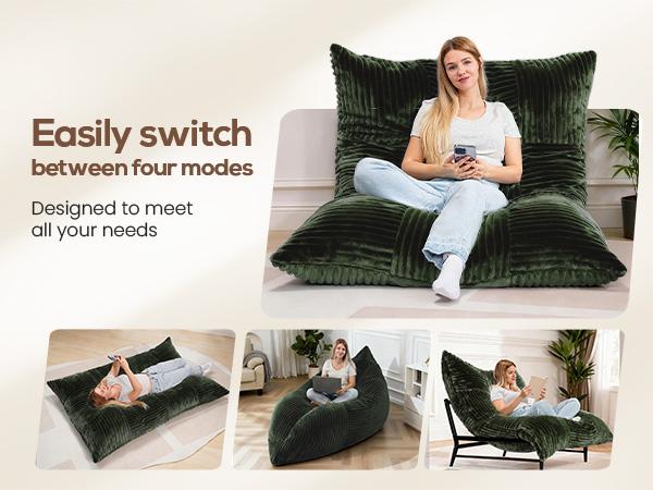 【versatile】Oversized Bean bag chair lazy sofa with base, 4 in 1 Convertible Bean Bag Couch with Base, Comfy Boneless Couch, soft and Comfortable Recliner Sofa Bed with Removable Upholstery for Living Room, or Bedroom