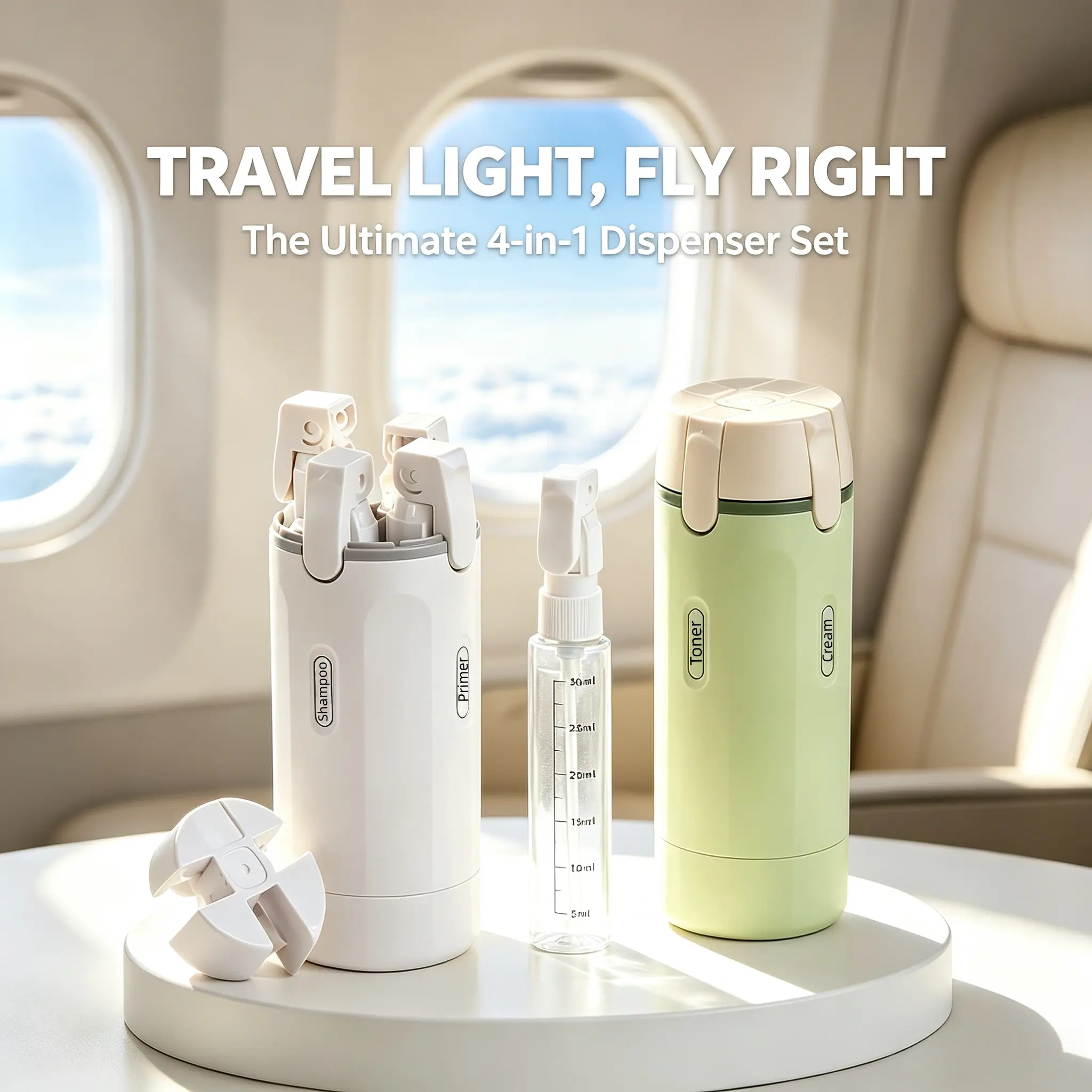 4 In 1 Portable Travel Toiletry Dispenser Set TSA Approved Leak Proof Refillable Liquid Containers BPA Free Travel Size Bottles with Spray Bottle Labels for Shampoo Body Wash Skincare Cosmetics Airplane Travel Essentials