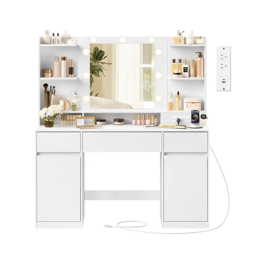 SONGMICS Illuminated Vanity Desk with 9 LED Bulbs, LED-Powered Makeup Vanity with Power & USB Ports, Dressing Table with 2 Cabinets for Bedroom Beauty Organization