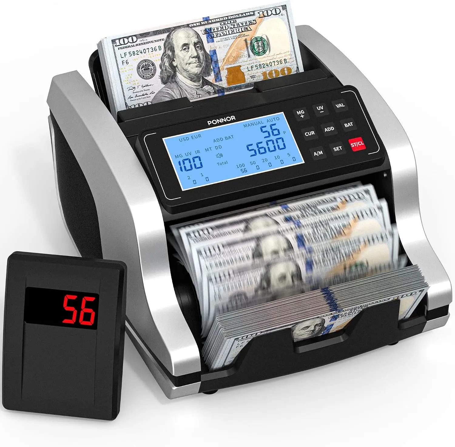 PONNOR Money Counter with Value Count & 5-Layer UV/MG/IR/MT/DD Anti-Counterfeit, Count/Add/Batch/Auto,   | Máquina Contadora de Billetes para Dólar y Euro