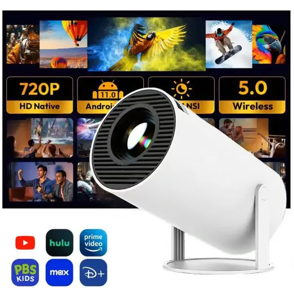Upgraded Version (White) HY300 LED Projector - 720P Wireless Android 11 Home & Outdoor Movie Projector, WiFi6, Auto Keystone, Built-in Audio, Bluetooth, Remote Control, Included Cable, Ceiling Mount Compatible, 5800 Lumens, Home Video Projector