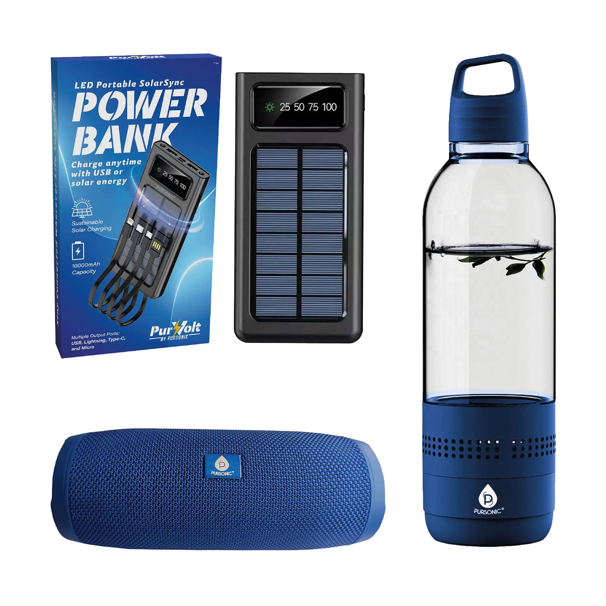 Pursonic Outdoor Essentials Bundle – 2-in-1 Bluetooth Water Bottle, Peak Wireless Speaker, and LED Portable Solarsync Power Bank