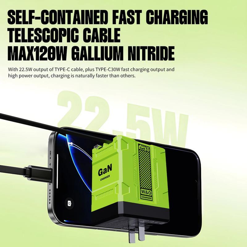 【MUNBYN 2 in 1 GaN Charger】120W Fast Charging Type C Lightning Retractable Wall Foldable Plug for iPhone Samsung Galaxy iPad MacBook Travel Friendly Compact Safe Tech Gift