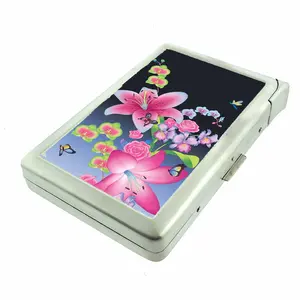 Pink Lily Stargazer Floral Butterfly Metal Case Wallet with Built in lighter