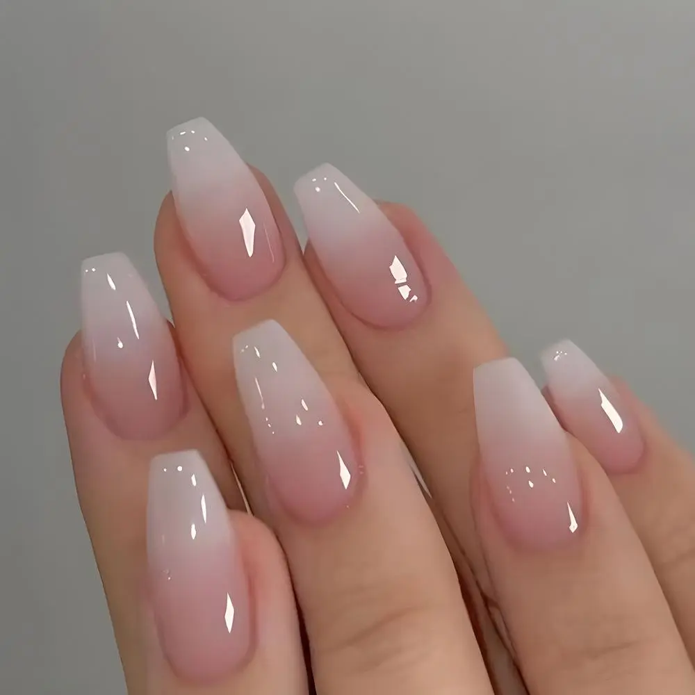 Gentle and sweet girly press-on nails featuring an icy, translucent gradient, sheer white, and plaid pattern.