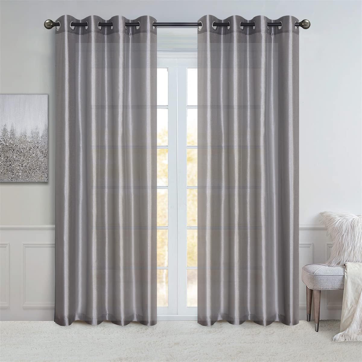 Semi Sheer Faux Silk Curtains, 2 Panels Set with Grommet Top for Light Filtering & Privacy luxury minimalist style drape Textured Room Darkening Curtain Blackout Linen Textured Curtains Semi-Sheer rubber print foil backing langsir bidai blackout sheer Rin
