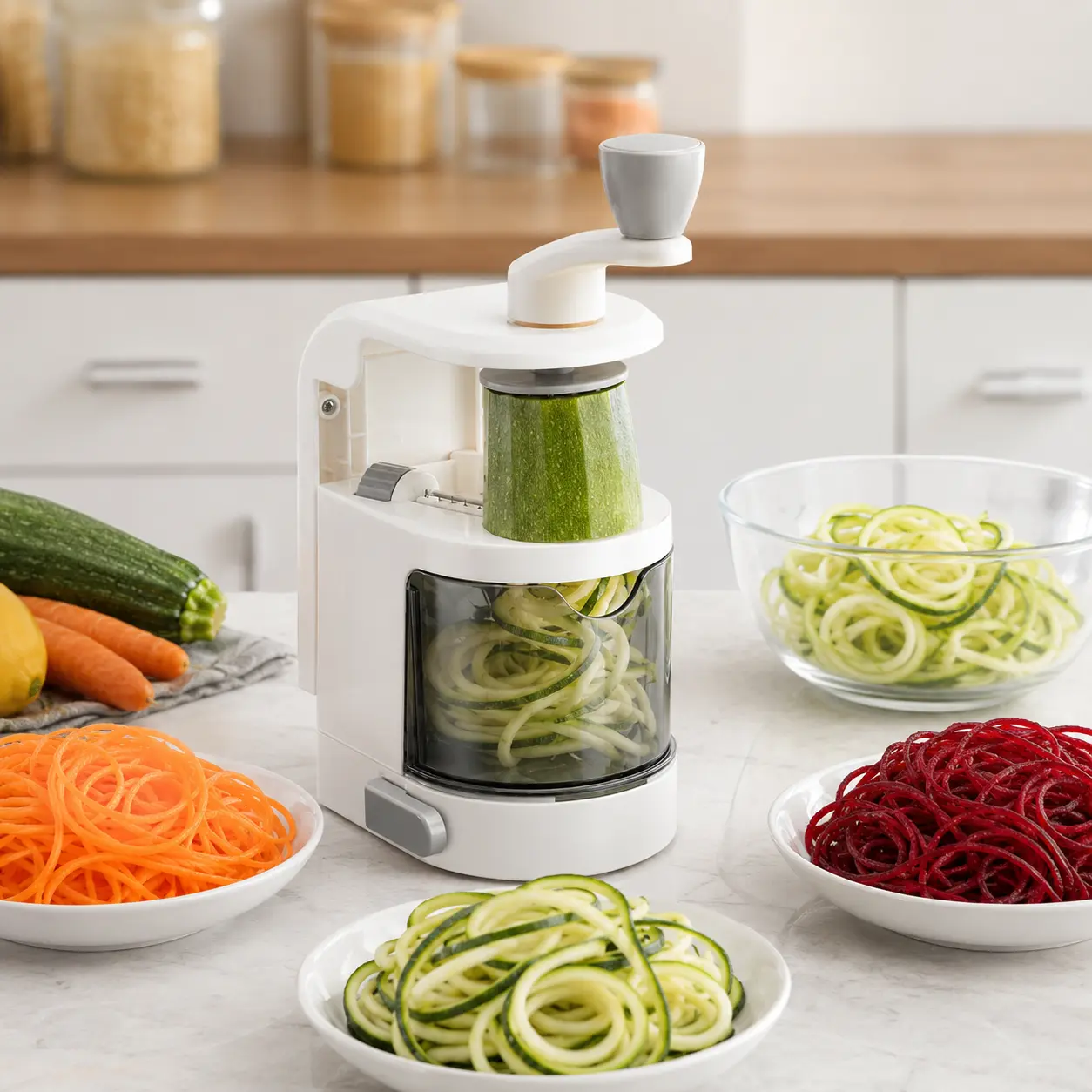 summerwins 4-IN-1 Modern Durable Plastic Vegetable Spiralizer - Stainless Steel Rotating Blades, Strong Suction Cup, 4 Veggie Shapes, Ideal for Zucchini Noodles at Home, Rustproof Kitchen Utensil for Easy Slicing, Quick Cuts