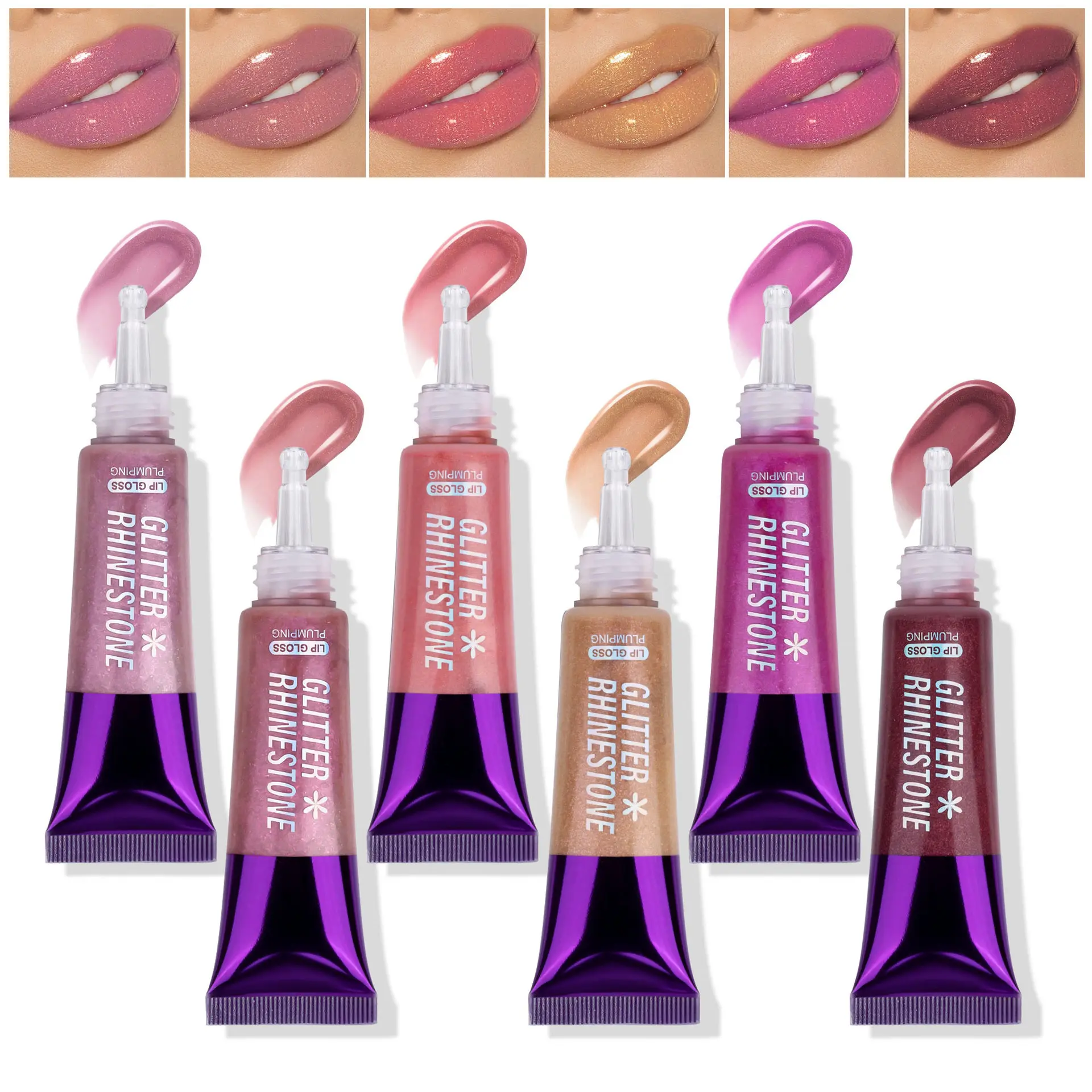 【6PCS】 Set Glitter Rhinestone Hydrating Lip Gloss with Hyaluronic Acid, Moisturizing 3D Lip Makeup, Long-Lasting High Color Rendering, Crystal Clear Shine tube pearlescent lip gloss