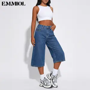 Emmiol Long Baggy Denim Jorts for Women - High Waisted Bermuda Y2k Jean Shorts Wide Leg Casual Trendy Streetwear Summer Pants