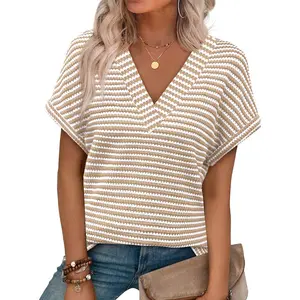 EncoLax Womens Dressy Casual Cap Short Sleeve Tops Trendy Summer V Neck Loose Striped Casual Basic T Shirts Tee Blouses