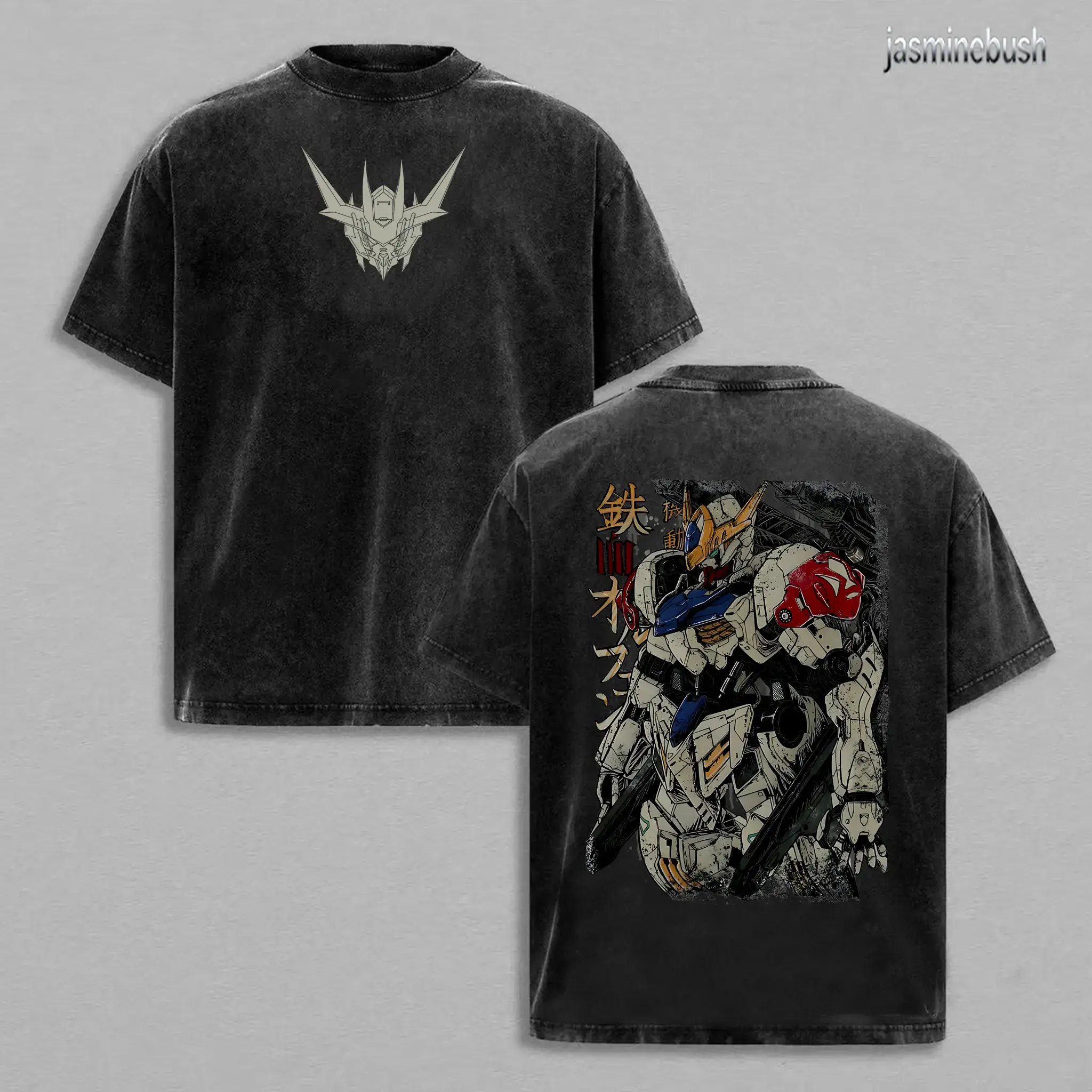 Gundam Barbatos Origin Retro Unisex Oversized Heavyweight Cotton Double-Printed Wash T-Shirt - Menswear Top, Breathable Fabric Apparel for Gym Workouts & Daily Wear, Camo, Seamless, Classic, Soft, Ribbed, Round Neck, Stylish