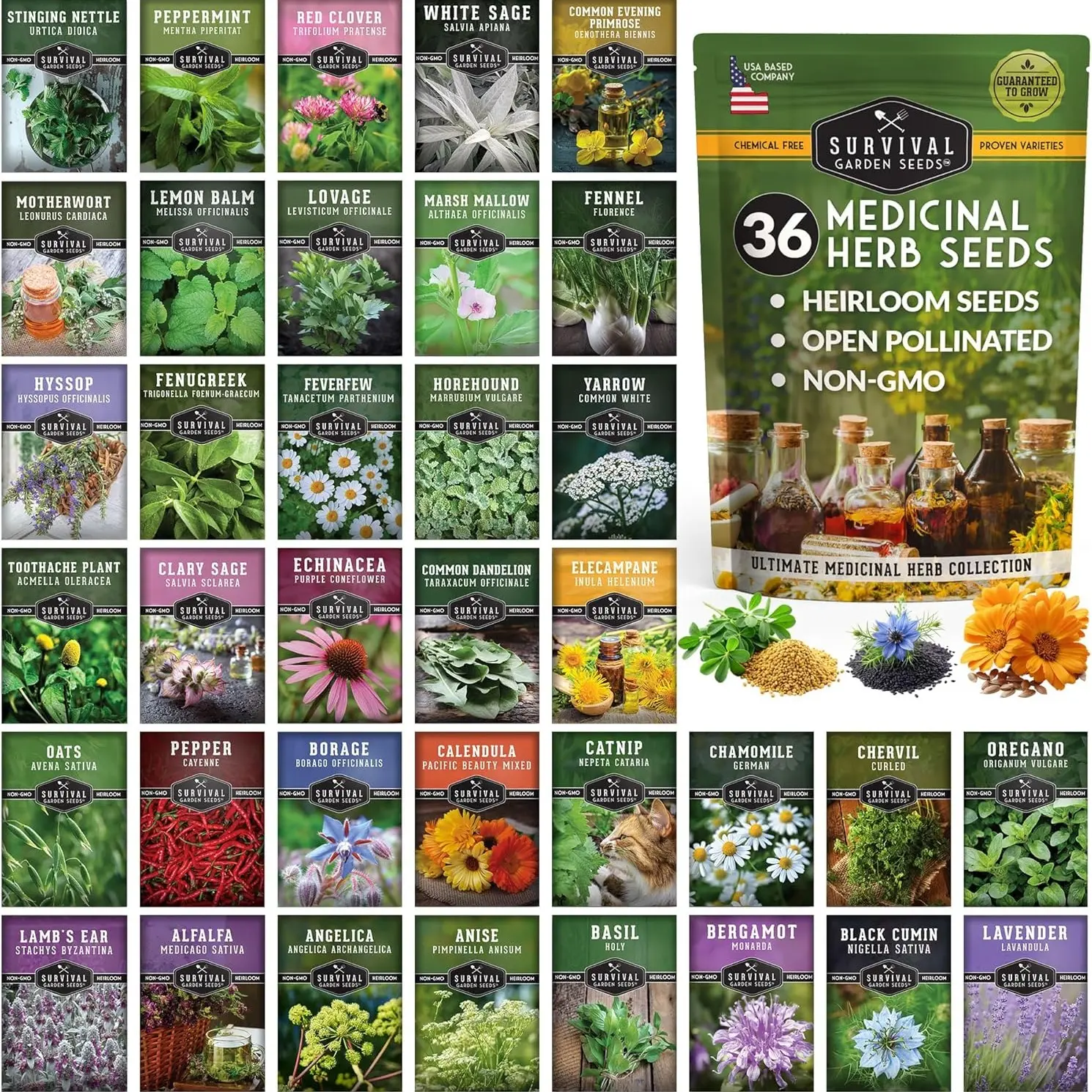 Medicinal Herbs - 36 Heirloom Seed Packets