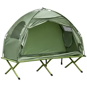 Foldable Camping Tent & Elevated Cot Set Green Polyester Taffeta Oxford Fabric Fiberglass Poles Easy Setup Tear Down Zippered Door Windows Detachable Carry Bag pop essentials