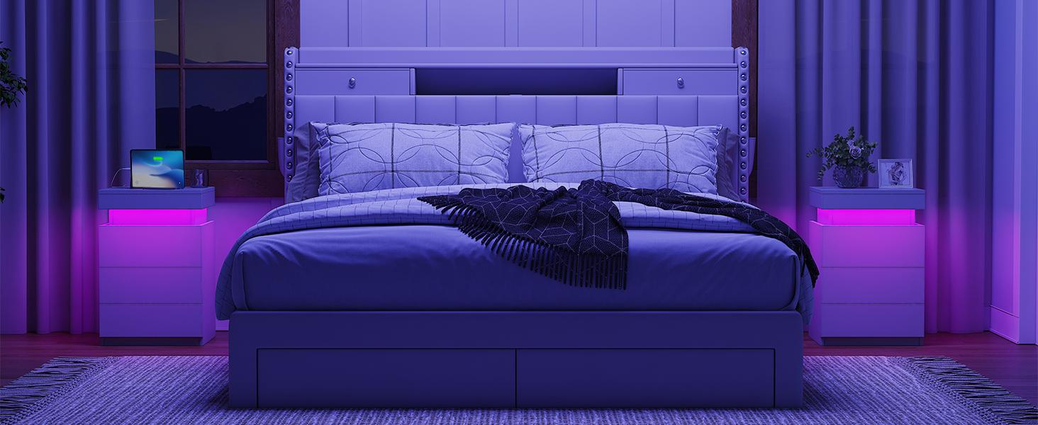 TryLazy Nightstand With Sliding Top Charging Station And LED Lights Furniture Bedroom Modern Design Bedside Table Drawer Home