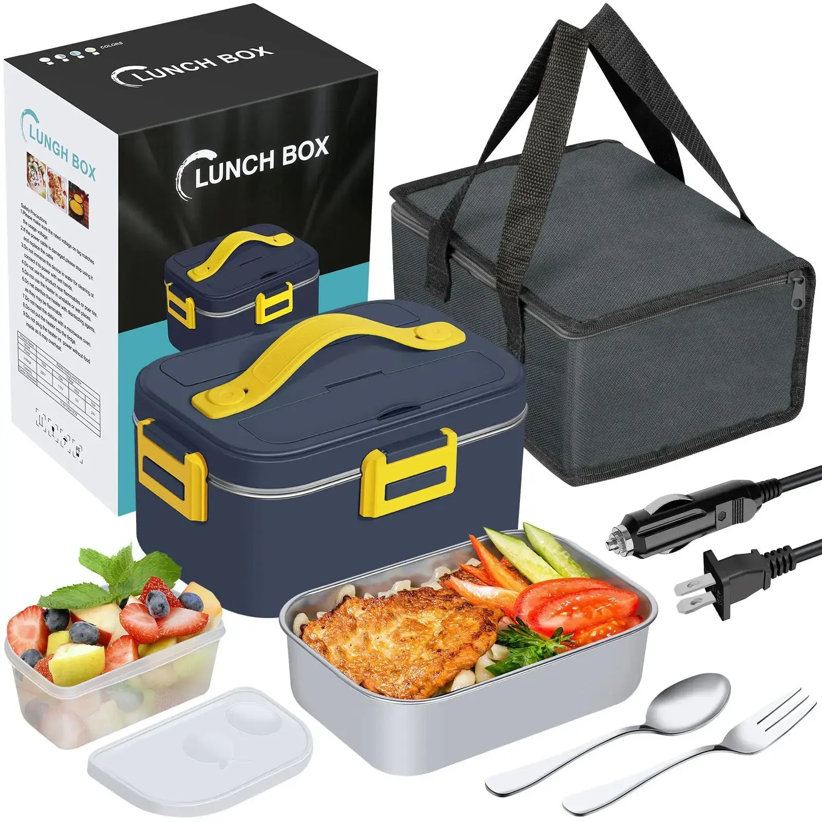 1.8L Electric Lunch Box, 75W Fast Heating Portable Heated Lunch Box, No Water Needed Food Warmer for 110V Home 12V Car 24V Truck, Leak Proof Stainless Steel Lunch Box for Office Worksite