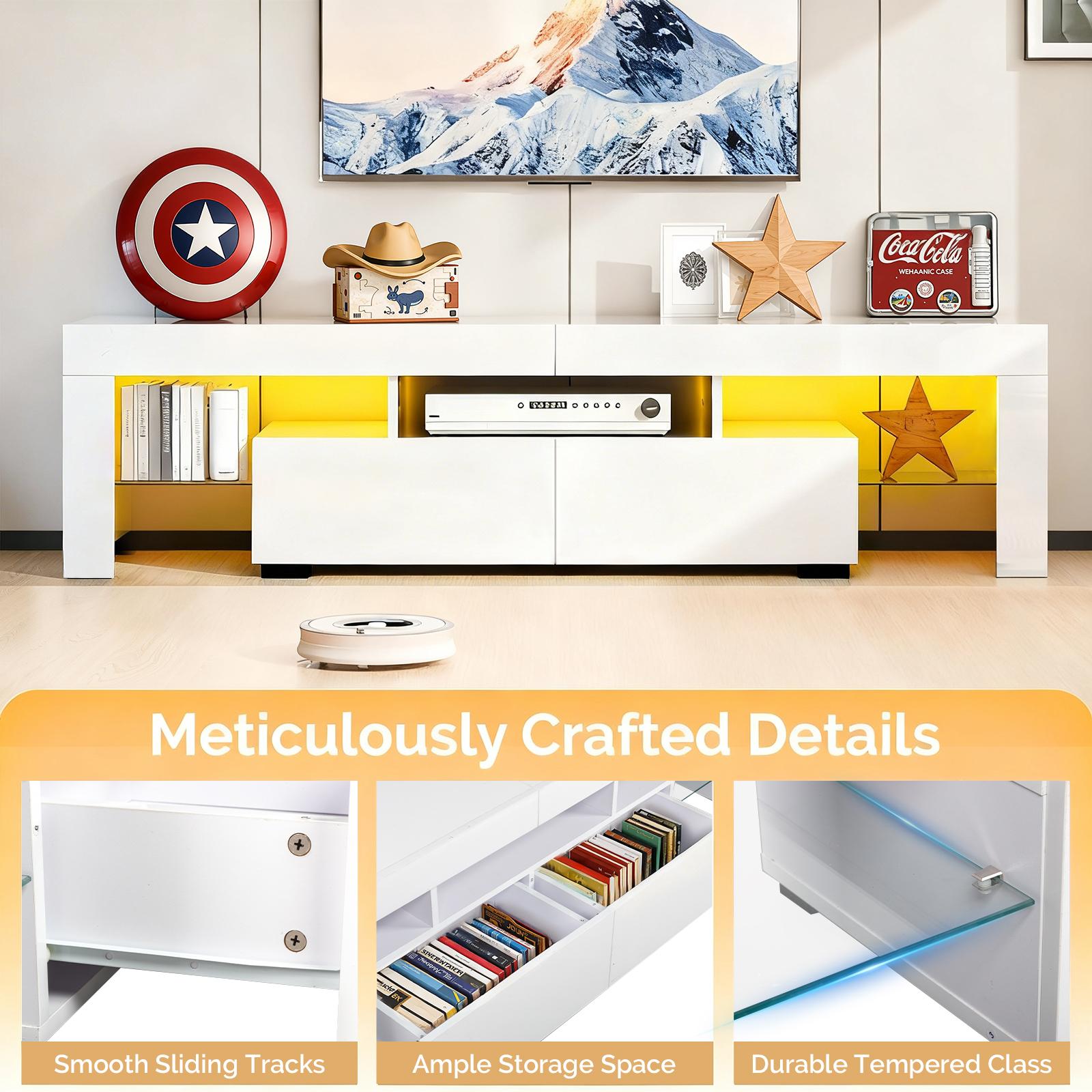 63'' LED TV Stand High Glossy Modern Entertainment Center with LED Lights and Storage for 55/60/65/70 Inch TV White Finish