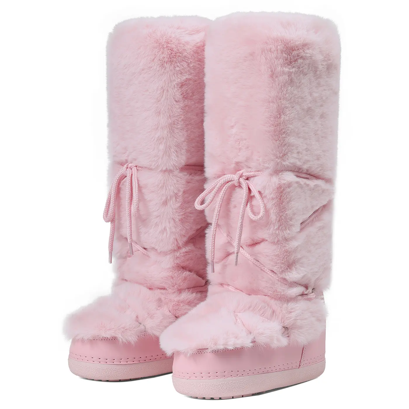 Women's Faux Fur Knee-High Snow Boots, Ultra Cozy Warm Round Toe Boot with Drawstring Detail, Soft Faux Fur Feels Luxe Plush Lined Non-Slip Shoe for Cold Weather (Black, Blush Pink)