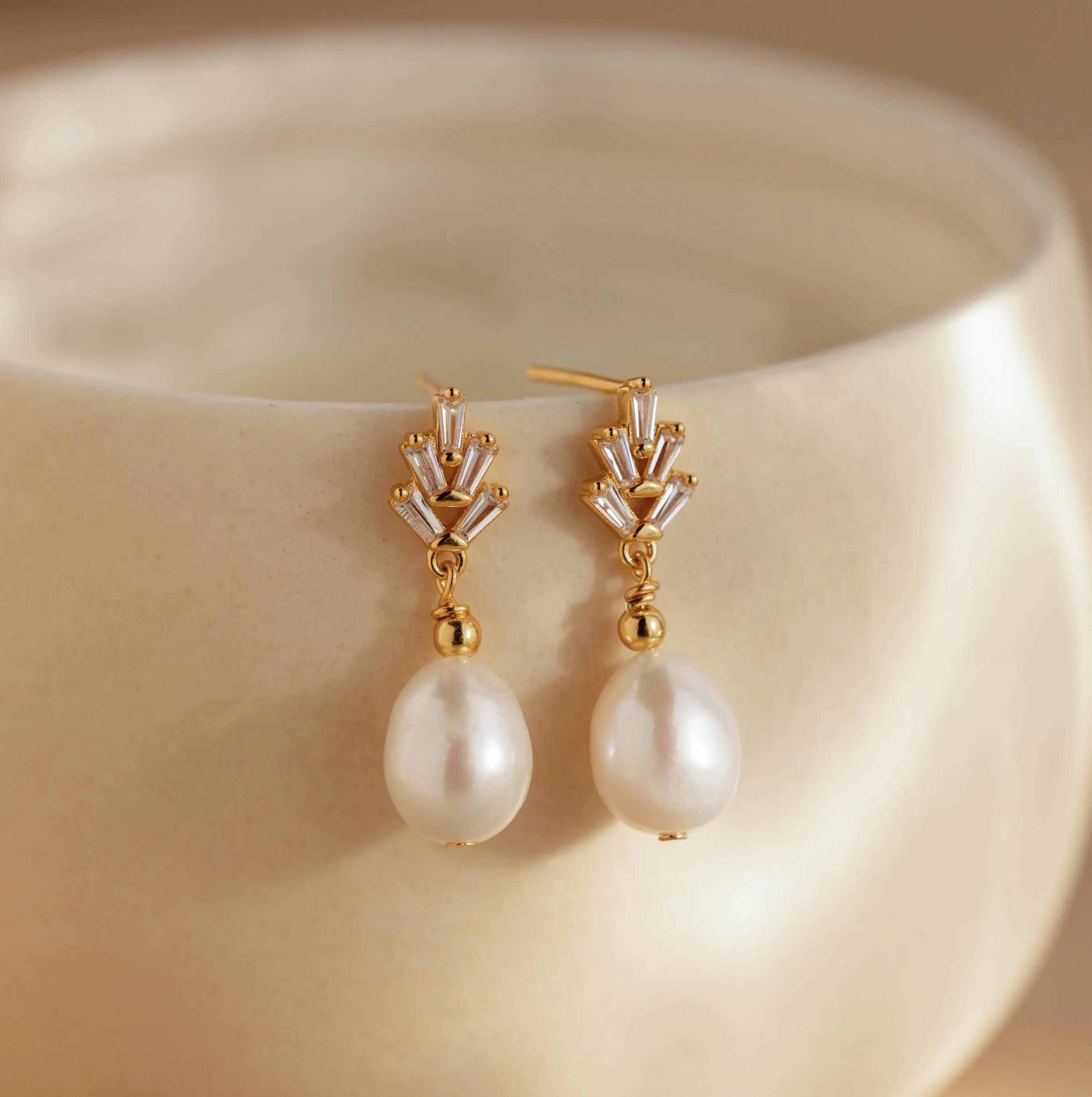 Pearl Diamond Drop Earrings by Caitlyn Minimalist - Vintage Diamond Baguette Stud Earrings with Dangling Pearl - Art Deco Jewelry - Wife Gift