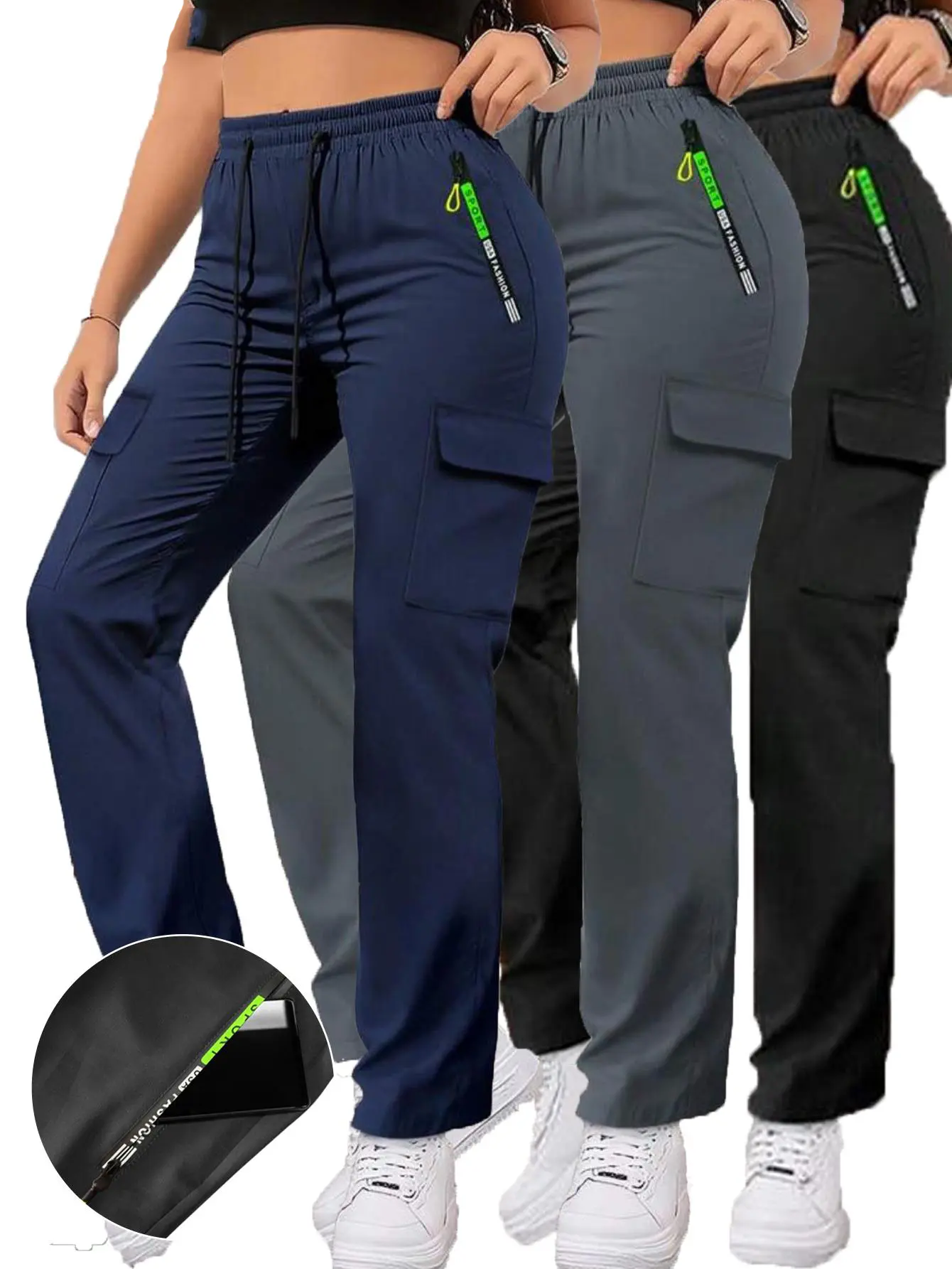 comfy elastic waist  Women’s spring/autumn cargo pants with zippered pockets, featuring a stylish large pocket design and an elastic waistband with drawstring, casual long pants for outdoor and everyday wear.