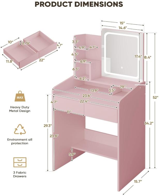 WeCharmer Vanity Desk Set with Round Mirror, Vanity with Lights, Makeup Vanity with Mirror, 3 Lighting Modes, for Bedroom Furniture Table Storage Drawer Modern Design Organizing WeCharmer Vanity Desk Set with Round Mirror, Vanity with Lights, Makeup Vanity with Mirror, 3 Lighting Modes, for Bedroom Furniture Table Storage Drawer Modern Design Organizing