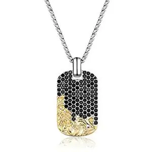 Aprilery Black Honeycomb Tag Necklace Bold Mixed Tone Jewelry with Geometric Texture Intricate Relief Detail for Statement Styling