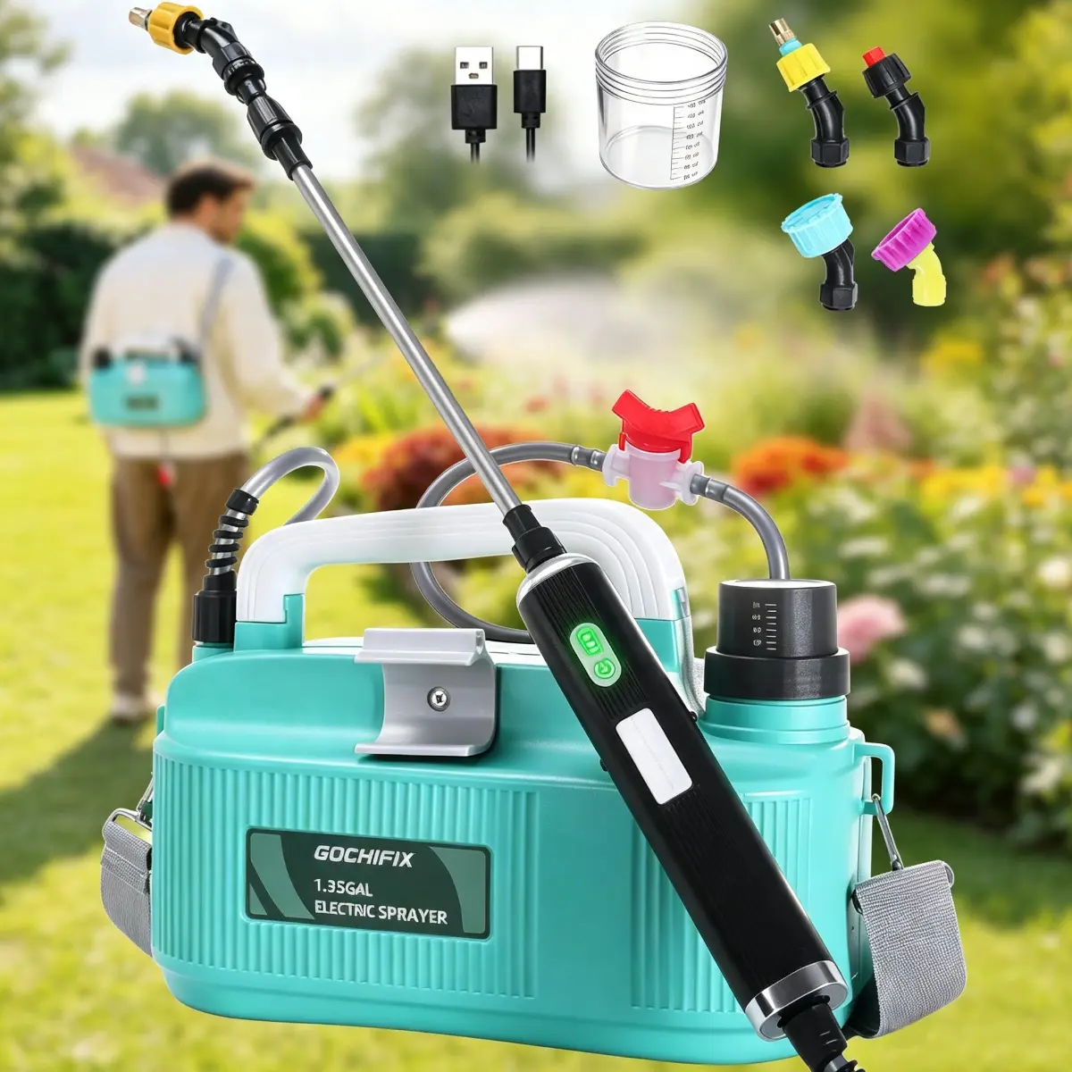 Battery Powered Sprayer 1.35 Gallon, Electric Sprayer with 3 Adjustable Speed, Battery Indicator, 4 Mist Nozzles, Rechargeable Retractable Wand with Adjustable Shoulder Strap for Lawn Garden Plant Watering Devices Watering For Garden Sprayer Set