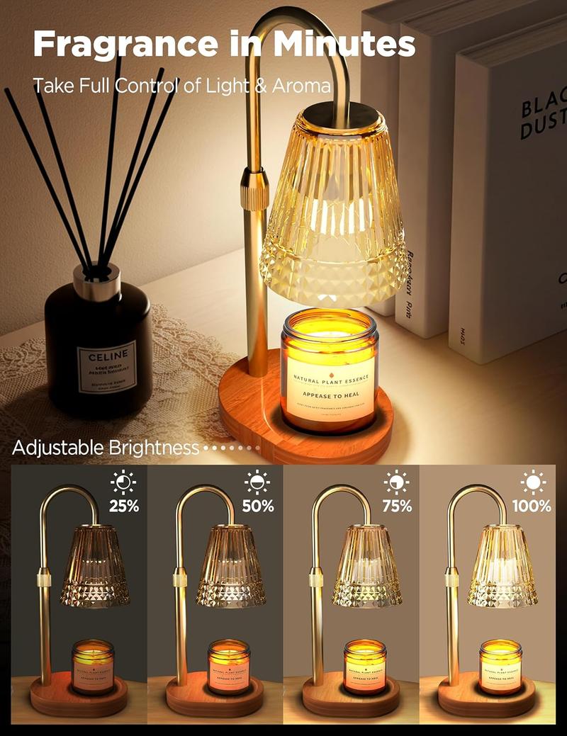 Limited Luxury Wax Warmer Lamp! Dimmable Aromatherapy Candle Lamp, Retro Glass Shade, Bedroom Ambient Sleep Aid Lamp，House Warming Gifts New Home,Gifts for Women, Golden Glass Shade, Wood Base