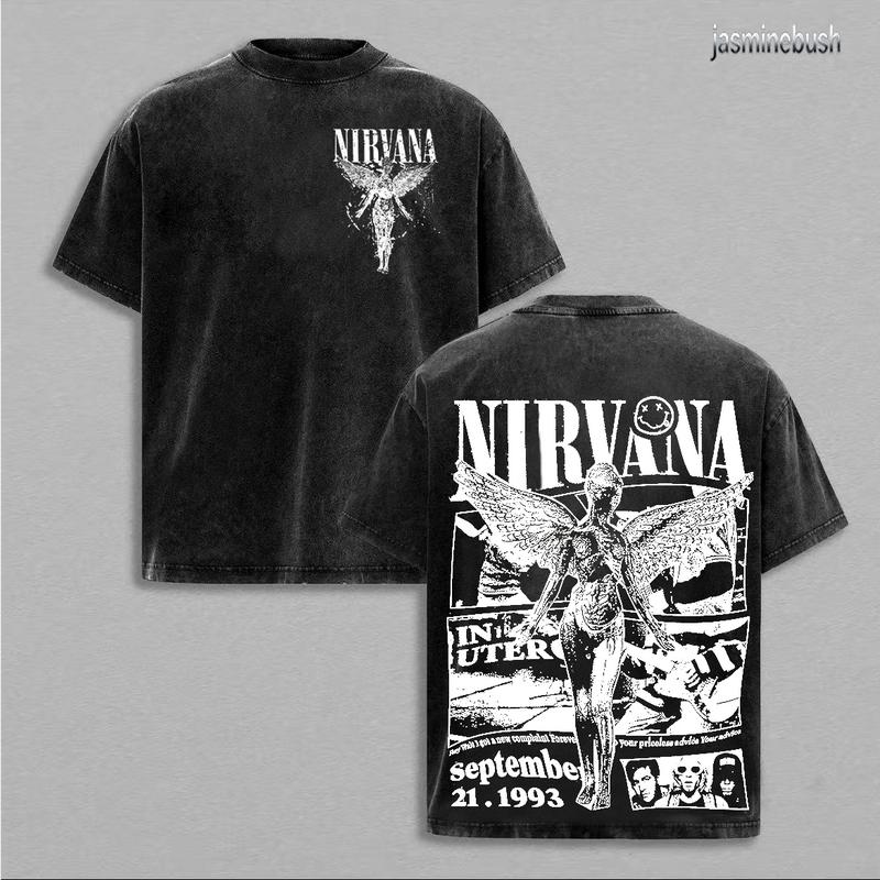 Nirvana in Utero rock band washed t-shirt - 100% Cotton, Crew Neck, Short Sleeve, Fitted, Casual Summer Tee for Men & Women