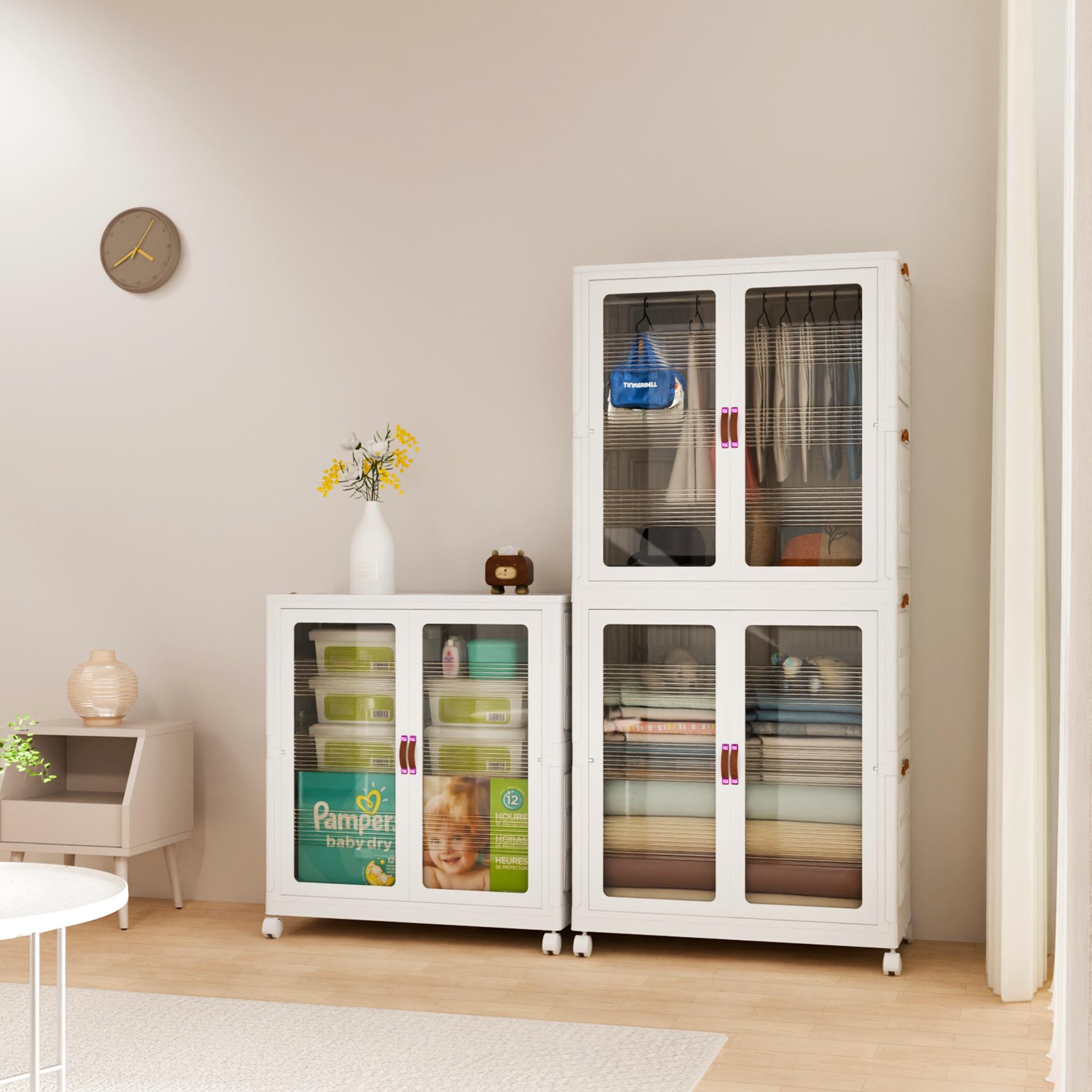 Stackable & Foldable Plastic Storage Cabinet with Lid Magnetic Doors & Locking Wheels Easy Assembly for Living Rooms Kitchens Dorm Rooms