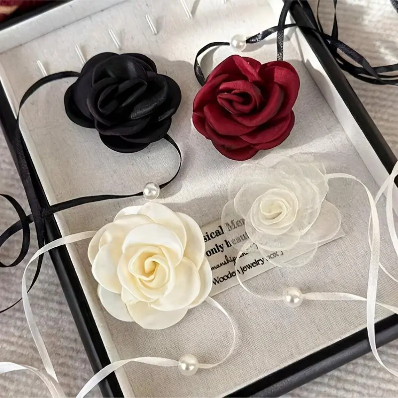 Women's Multicolor Set Corsage Necklace - Corsage Shape, Pearl Accents, French Ribbon Rose Design, Versatile Stylish Costume Jewelry for Cosplay, Dates