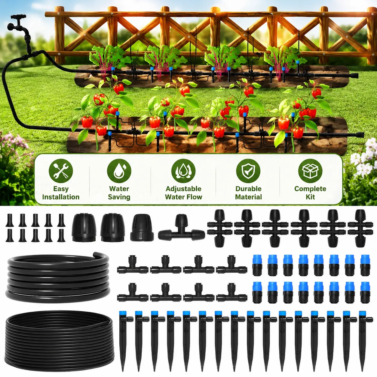 230FT Quick Connector Automatic Drip Irrigation System, Garden Watering Sprinkler System Kit for Lawn Raised Bed Greenhouse Plant with 1/4'' Tubing,Drip Emitters,Connectors Leak Proof Hose