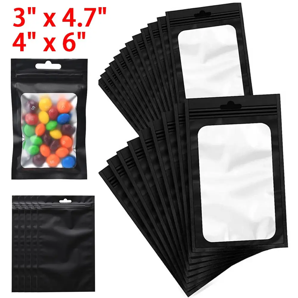 SJPACK 100-Pack Black Holographic Aluminium Mylar Resealable Zipper Sealer Bags - Smell-Proof, Water-Proof Home Organizer Storage Bags for Lip Gloss, Baking Cookies, Jewellery (USA), Organiser, Dried Fruit