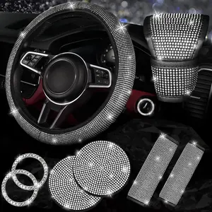 8 pcs Bling Car Accessories Set for Women, Bling Rhinestone Diamond Steering Wheel Cover, Sparkly Belt Covers, Bling Gear Shift Cover, Universal Fit Most Cars (Silver Diamond)