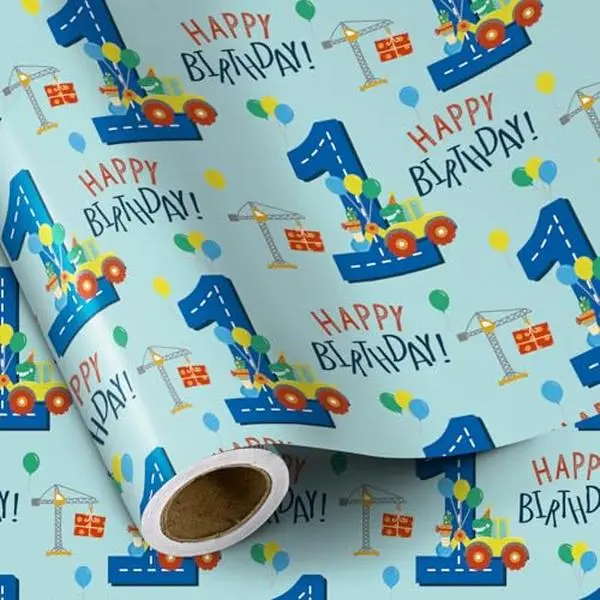 RUSPEPA Truck Birthday Wrapping Paper Roll for Boys, Kids Birthday Gift Wrap with Happy Birthday Dinosaur & Construction Truck Design, Fun 1st 2nd 3rd 4th 5th Birthday Party Supplies,Perfect for Boys, Dino Theme Party,Baby Shower Gifts,17 Inch x 16.4 Feet