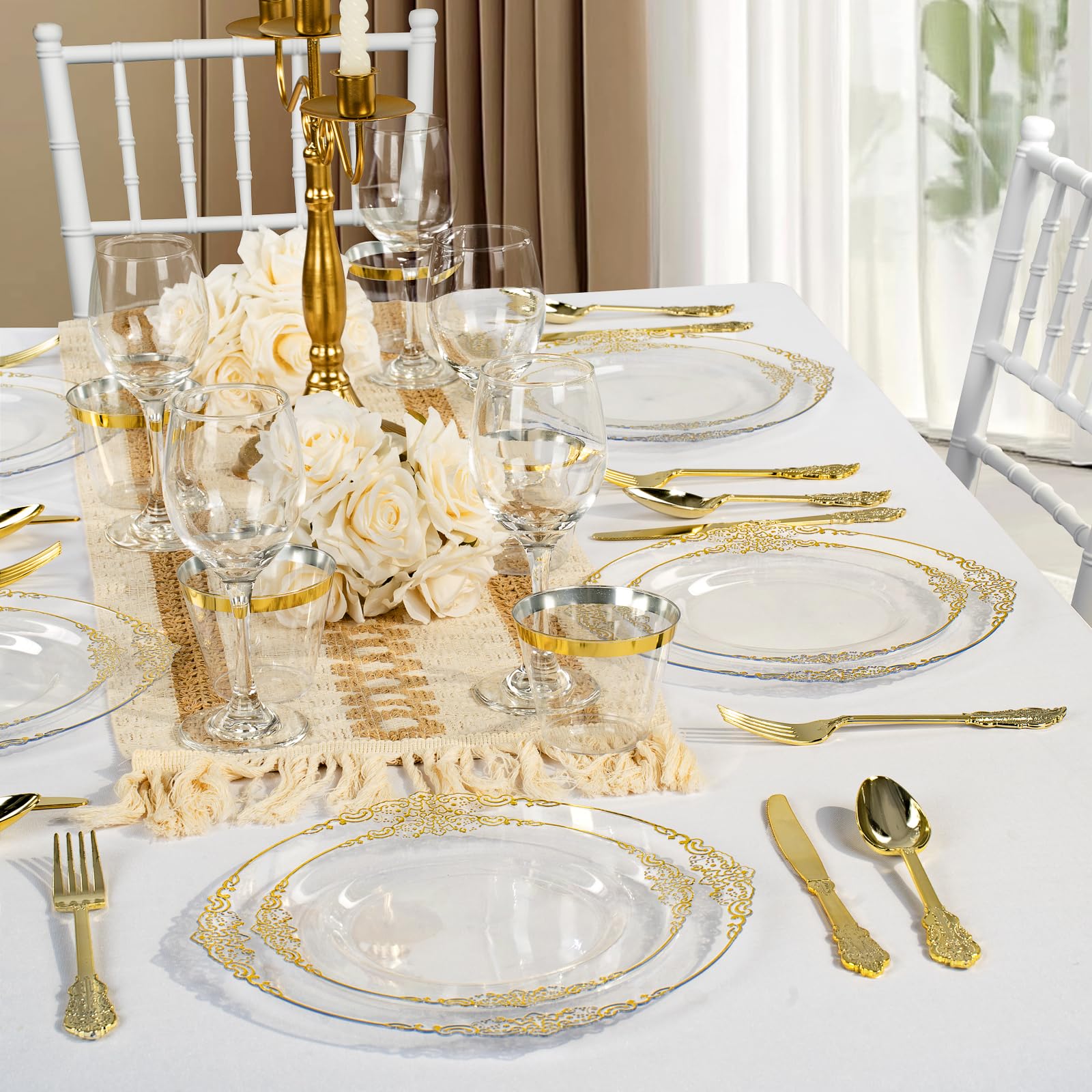 GOODLUCK 350 Piece Clear Gold Plastic Dinnerware Set for 50 Guests Includes 50 Plates 50 Dessert Plates 150 Silverware 50 Napkins 50 Cups Perfect for Party Wedding Elegant Design BPA-Free Food-Grade Plastic