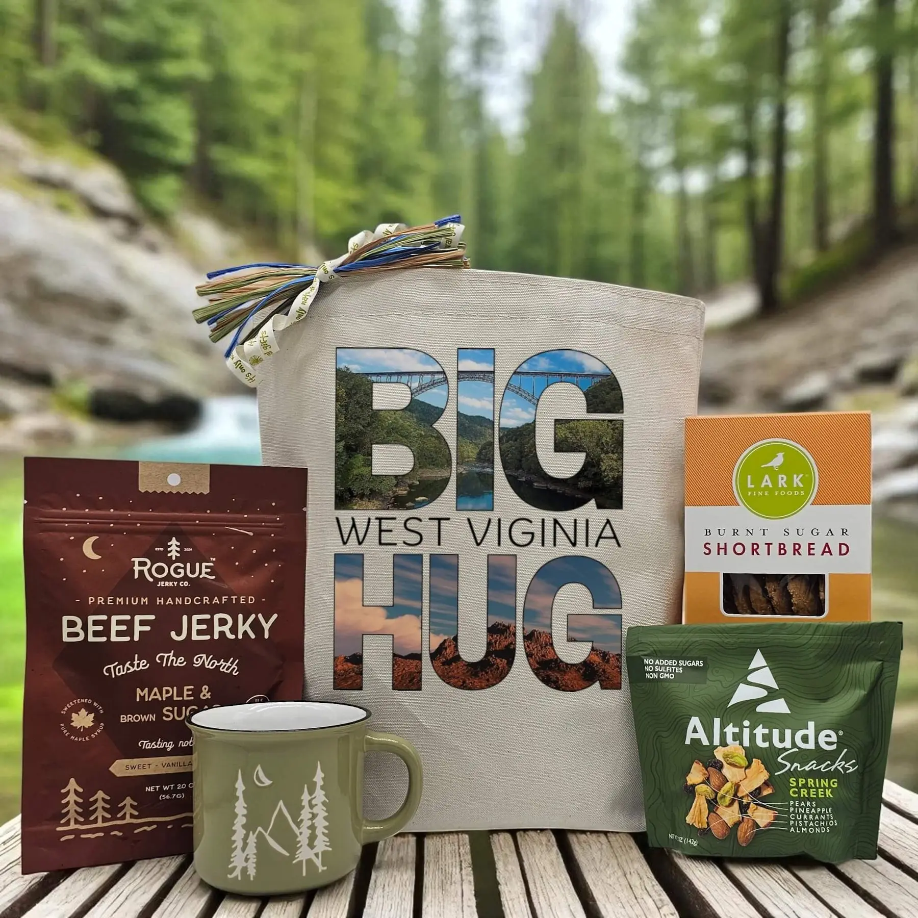 Itsonlynaturalgifts Big West Virginia Hug Gift Basket with Maple & Brown Sugar Beef Jerky Camp Mug Snack Mix & Shortbread Cookies Hand Packed in USA Mountain Inspired Multipack Set