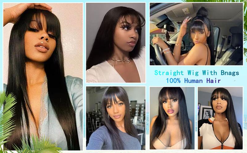 [New In]Mamushow Straight Wigs with Bangs Human Hair 2x4 Lace Wig with Drawstring 180% Density Middle Part for Black Women Glueless Machine Made Wigs