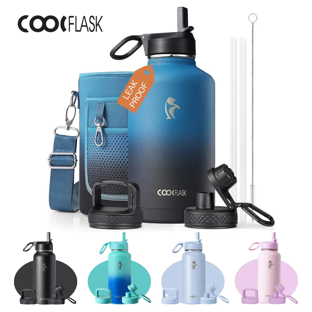 Coolflask Stainless Steel Insulated Bottle - 32/40/64/87/128oz Portable Flask Bottle with Straw & 3 Lids, Travel Mug, Keeps Beverages Cold for 48 Hours, Easy to Maintain for Outdoor/Office Use, Insulated Bottles, A Flask