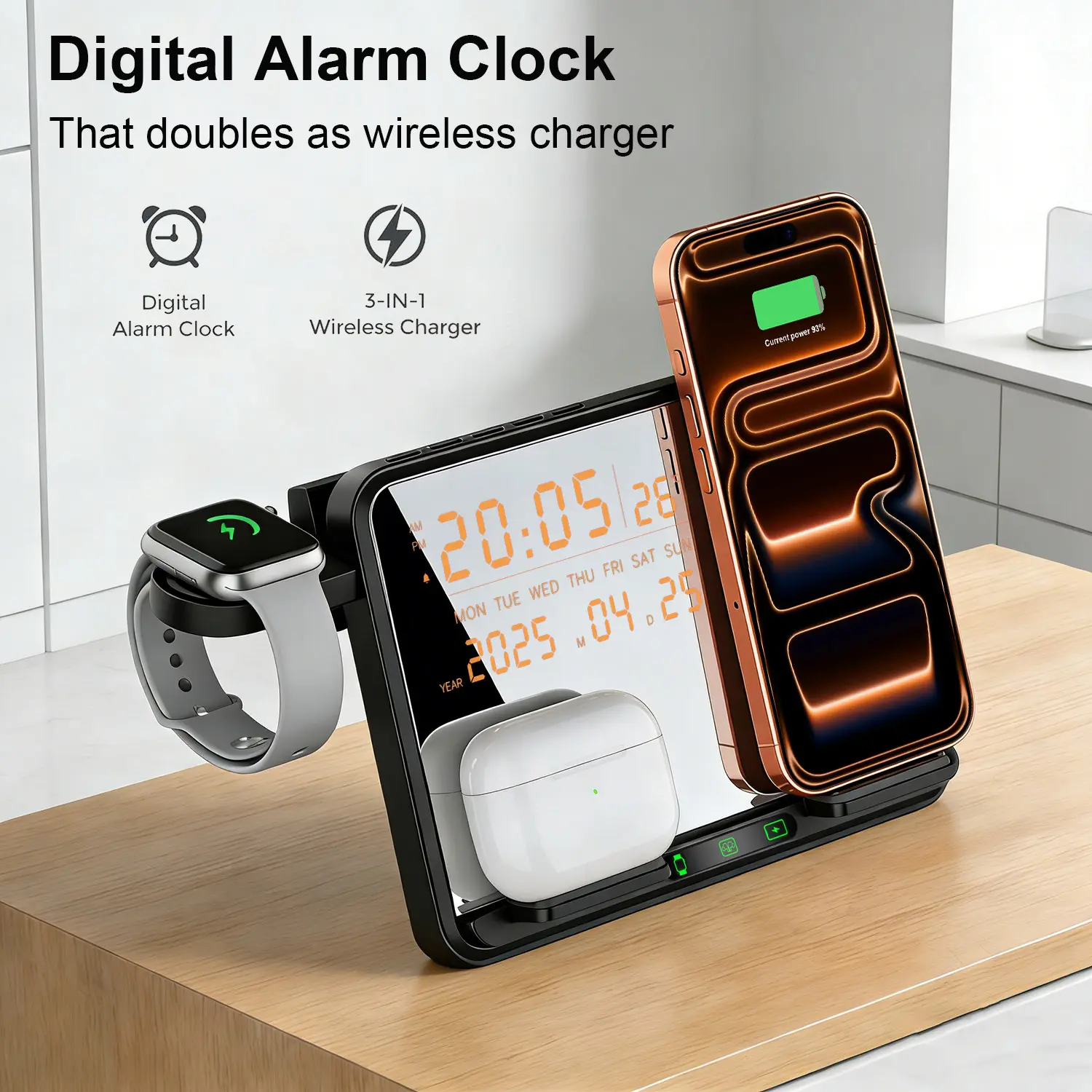 Multifunctional Digital Alarm Clock Wireless Charger Station, 3 in 1 Fast Charging Stand for iPhone 17 16 15 14,Apple Watch,AirPods, LED Time Date Calendar Display Bedside Charging Dock for Bedroom Office Desk for Samsung Galaxy S26 S25,Galaxy Watch,Buds