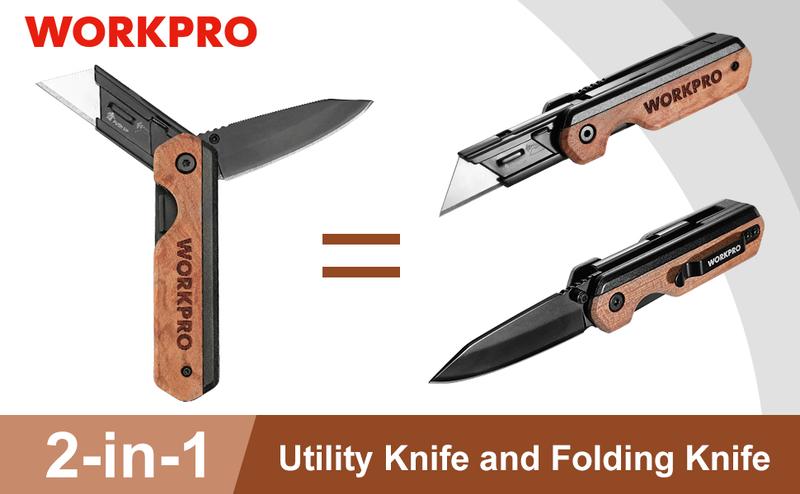 WORKPRO 2-in-1 Folding Knife/Utility Knife - Gifts for Dad, Quick-Change Box Cutter with Belt Clip and Liner Lock, Extra 10 SK5 Blades Included