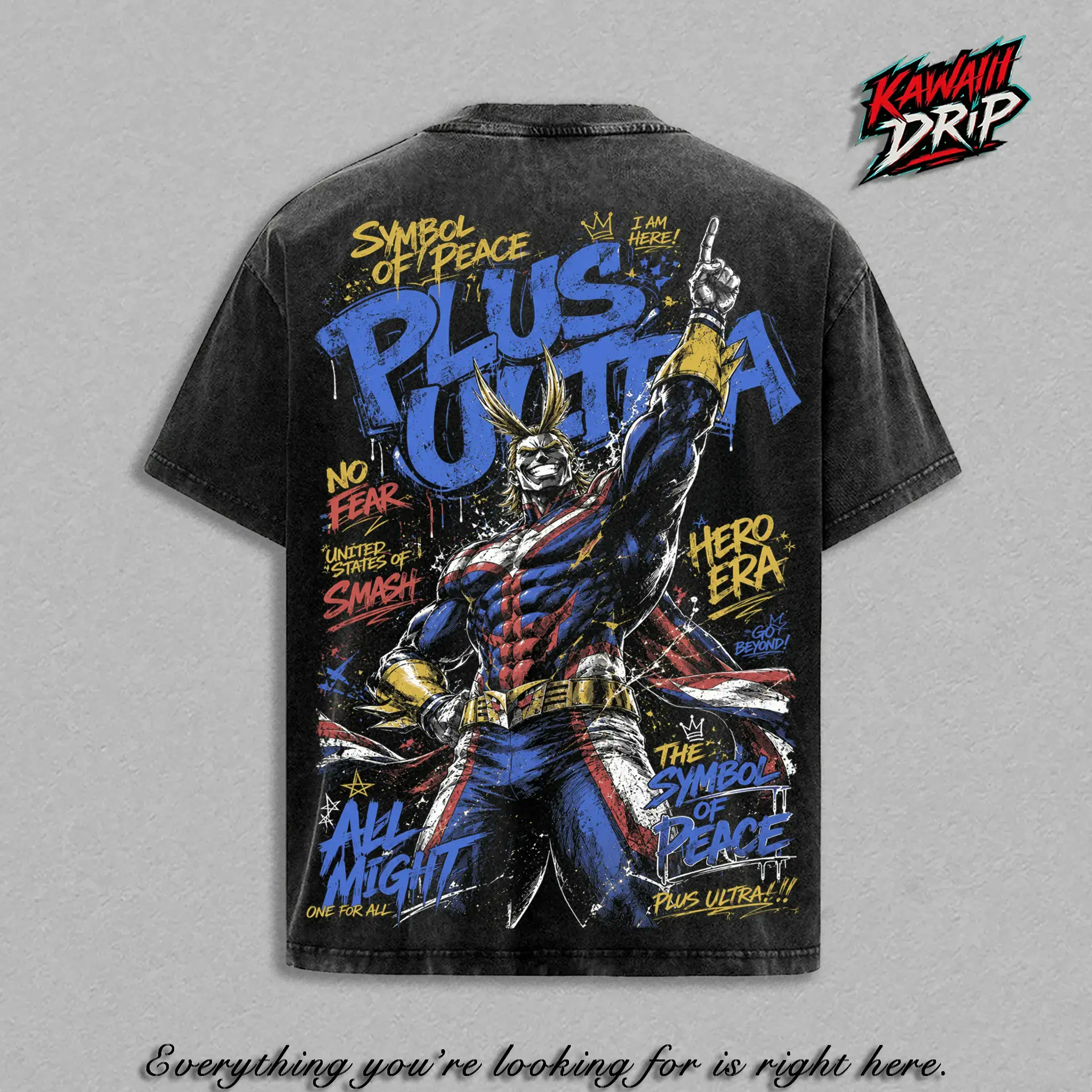 All Might My Hero Academia Vintage Washed Anime T-Shirt Symbol of Peace Hero Graphic Tee Oversized Heavyweight Cotton Shirt Unisex Manga Streetwear Top Gift for MHA Fans