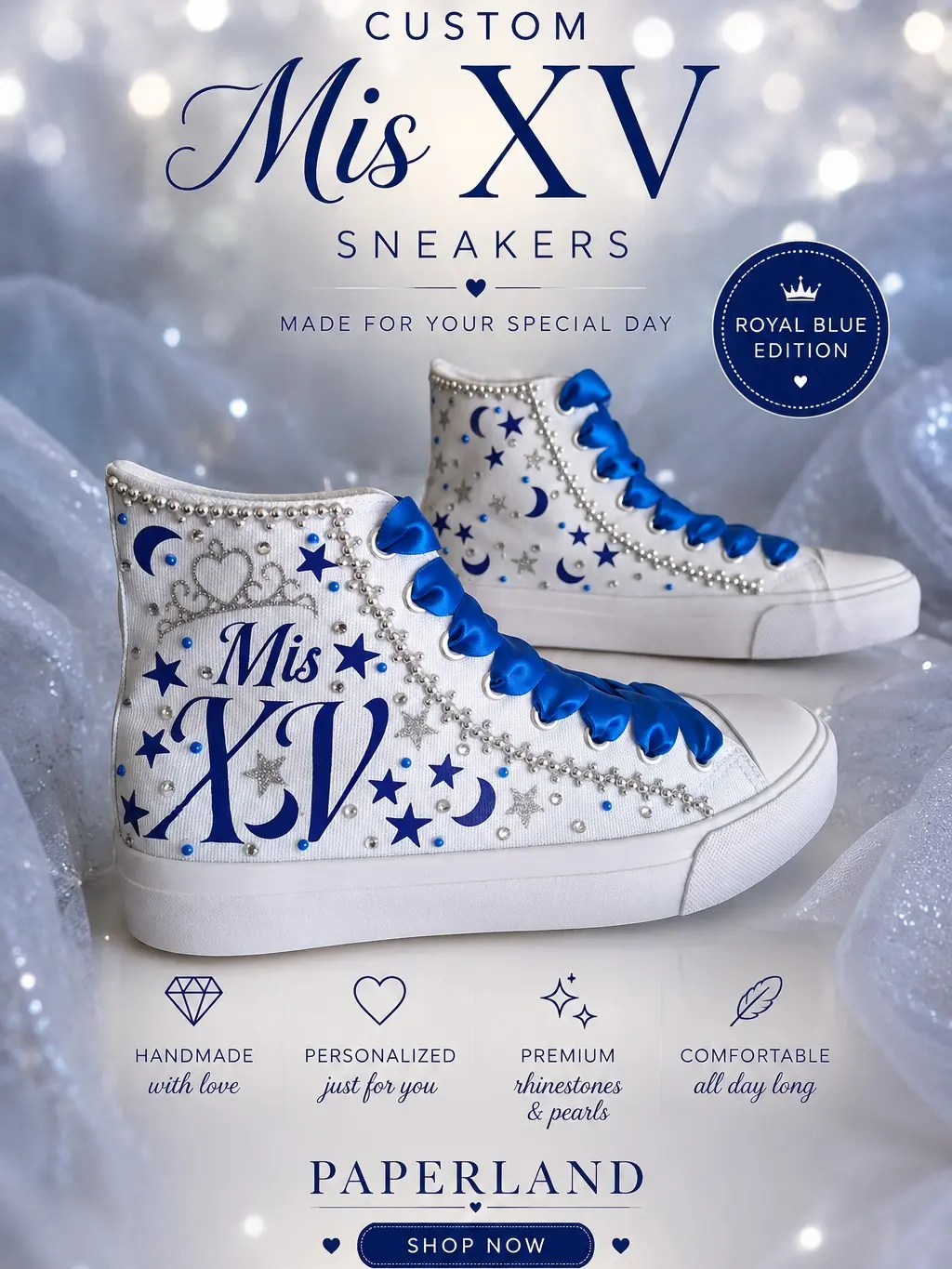 Custom Mis XV Sneakers | Royal Blue Quinceañera Shoes | Personalized Sweet 15 Sneakers | Handmade Rhinestone Shoes  Casual
