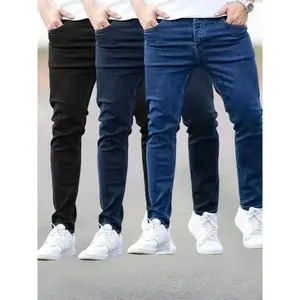 Men's slim fit elastic denim jeans, solid color basic style, medium elasticity, cotton blend raw wash fabric, regular length, all season woven pants-