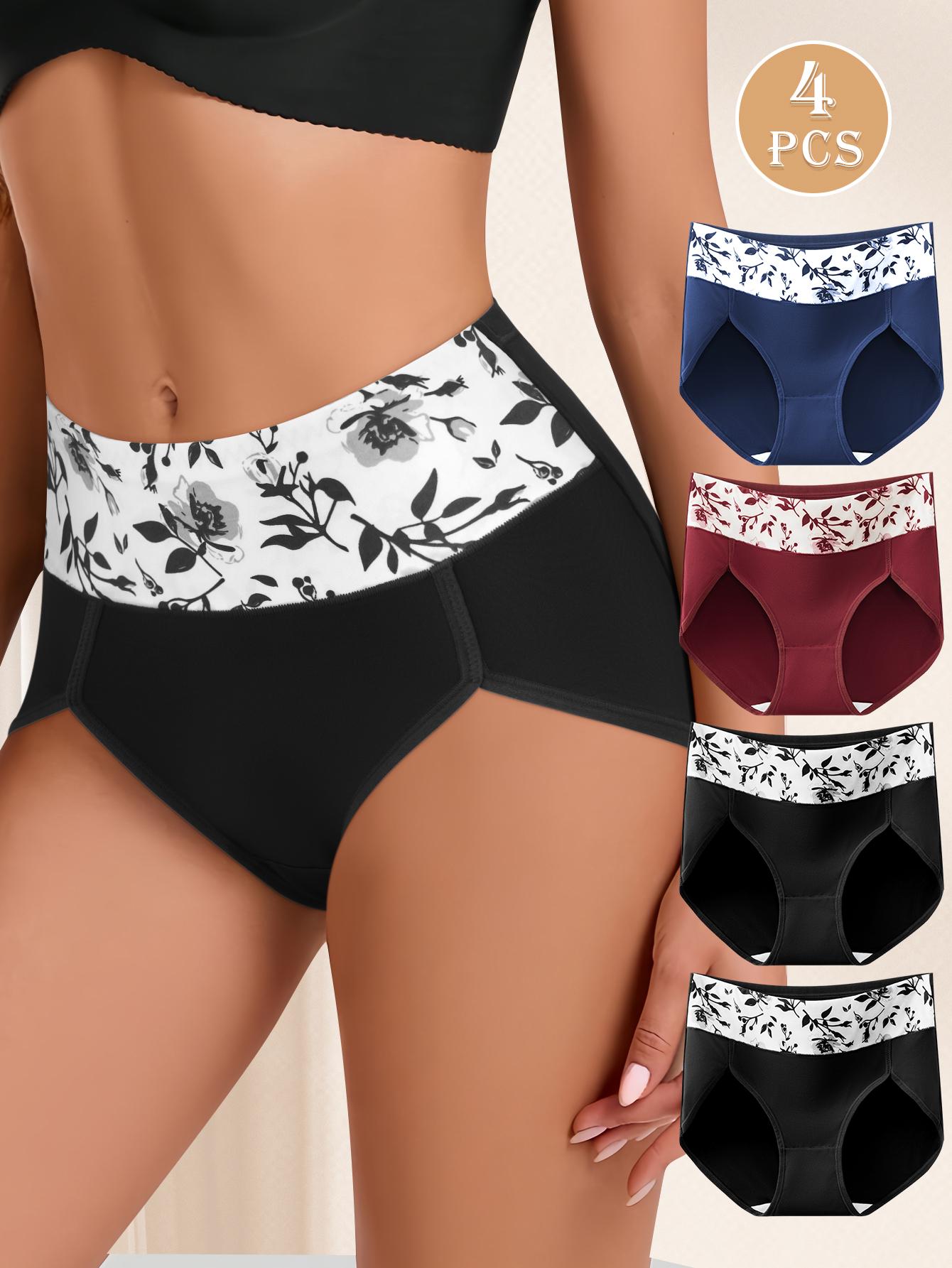 QUASTI 6 Pack High Waist Colorblocking Cotton Women's Briefs with Printed Design,High Elasticity Tummy Control Hip Lifting Elegant Underwear,Flower Power Panties,Soft Comfortable Womenswear Mixed Color,Fashionable Elegant Women's Panty,S-XXL